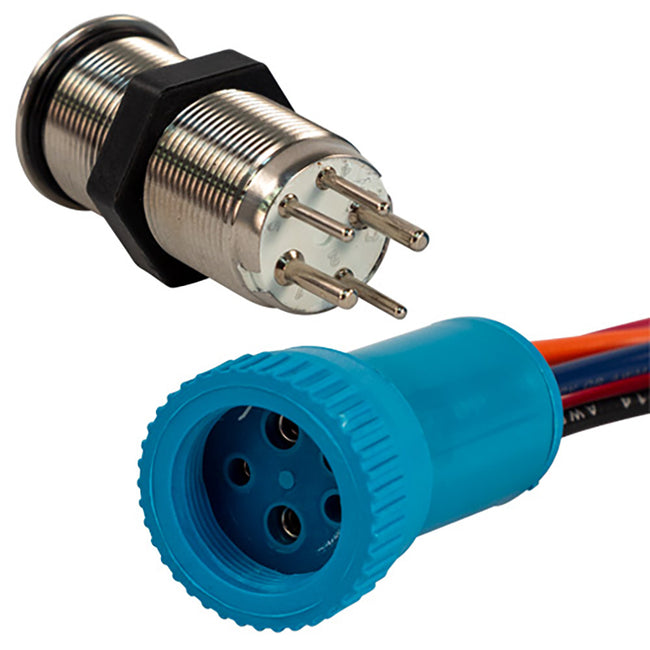 Interruptor pulsador Bluewater de 19 mm - Contacto de navegación/anclaje (APAGADO/ENCENDIDO/ENCENDIDO) - LED azul/verde/rojo - Cable de 30 cm [9057-3114-1]
