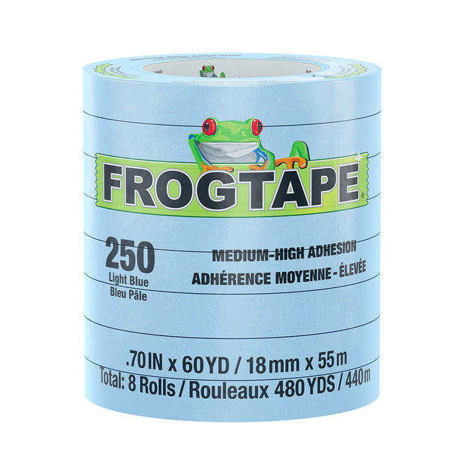 Cinta de enmascarar FrogTape CP 250 de adhesión media-alta - 18 mm x 55 m x 12 unidades - Azul claro - Clasificación para 250 °F [105770]