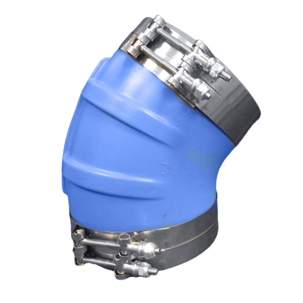 Codo de escape húmedo Trident Marine ID de 45 grados, moldeado en silicona azul, con 4 abrazaderas de perno en T [240V10000-S/S]