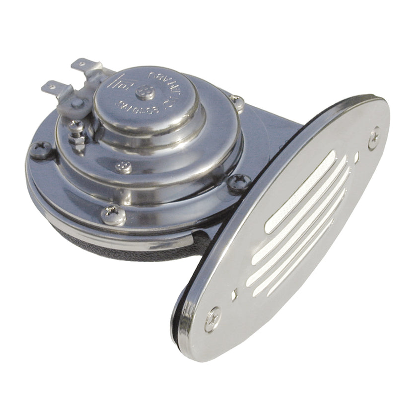 Bocina Schmitt Marine Mini de acero inoxidable, de inserción simple, con rejilla de acero inoxidable - 12 V, tono alto [10051]