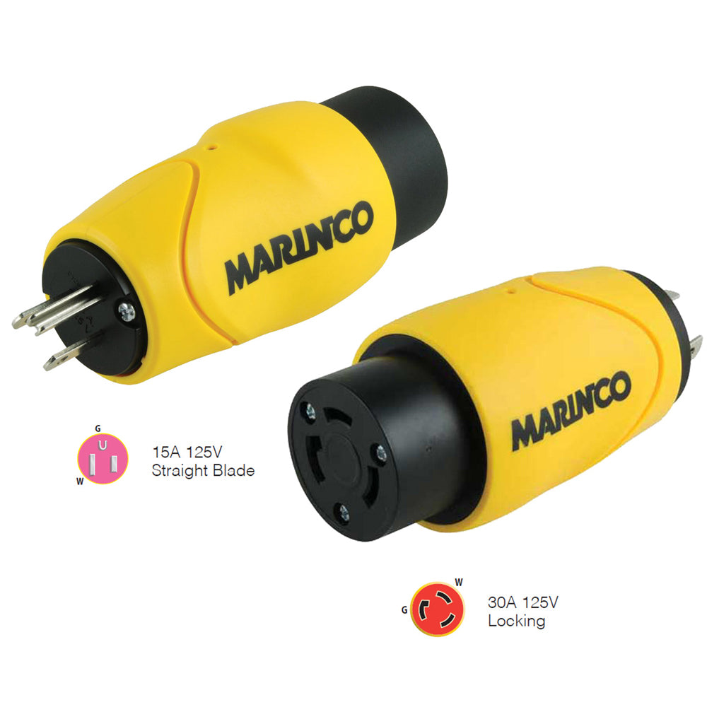 Adaptador recto Marinco de 15 A (macho recto) a conector hembra con bloqueo de 30 A [S15-30]