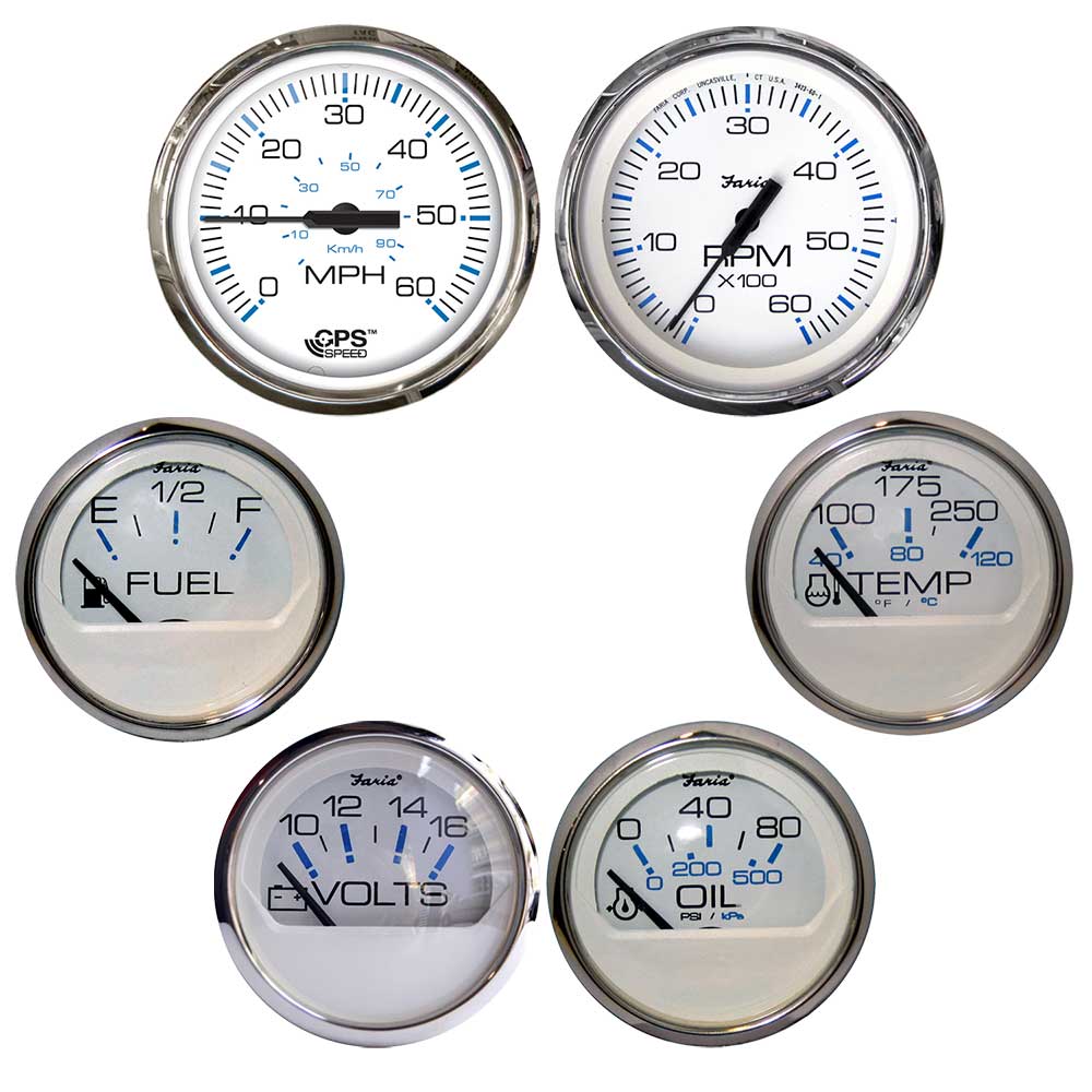 Faria Chesapeake Blanco con Bisel de Acero Inoxidable, Juego de 6 (en Caja): Velocidad, Tacómetro, Nivel de Combustible, Voltímetro, Temperatura del Agua, PSI de Aceite - Motores Internos [KTF063]