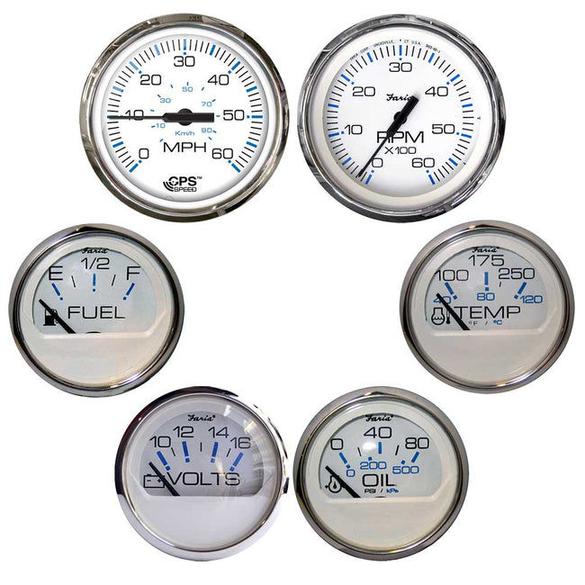 Faria Chesapeake Blanco con Bisel de Acero Inoxidable, Juego de 6 (en Caja): Velocidad, Tacómetro, Nivel de Combustible, Voltímetro, Temperatura del Agua, PSI de Aceite - Motores Internos [KTF063]