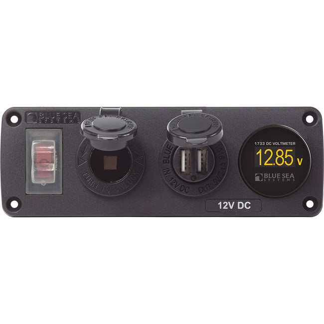 Panel de accesorios USB resistente al agua Blue Sea 4366: disyuntor, toma de 12 V, cargador USB doble y minivoltímetro [4366]