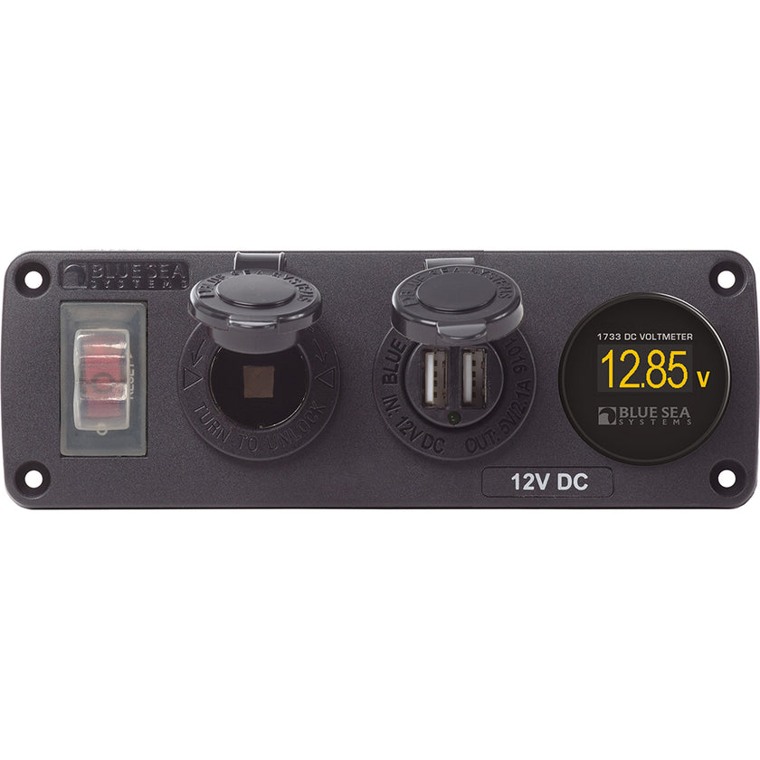 Panel de accesorios USB resistente al agua Blue Sea 4366: disyuntor, toma de 12 V, cargador USB doble y minivoltímetro [4366]