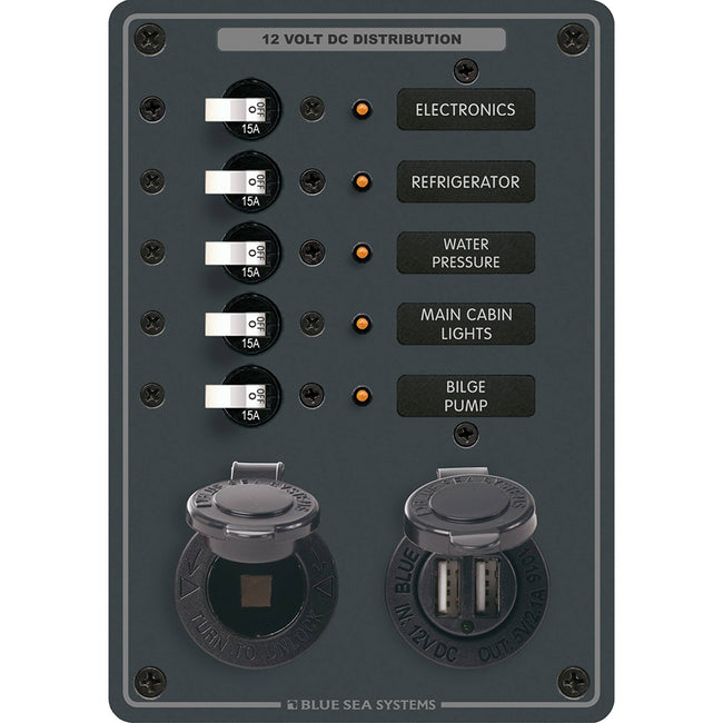 Blue Sea 8120 - Panel de 5 posiciones de 12 V con doble toma USB de 12 V [8120]
