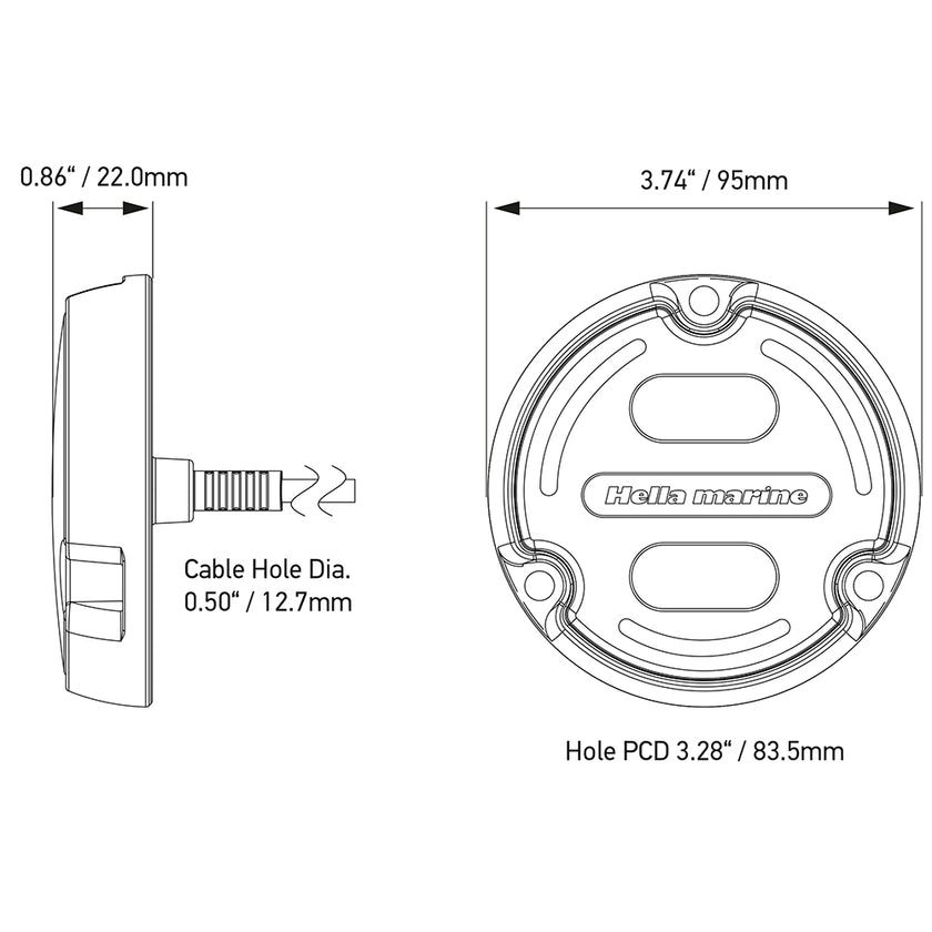 Luz subacuática azul y blanca Hella Marine Apelo A2 - 3000 lúmenes - Carcasa negra - Lente color carbón con luz de borde [016147-001]