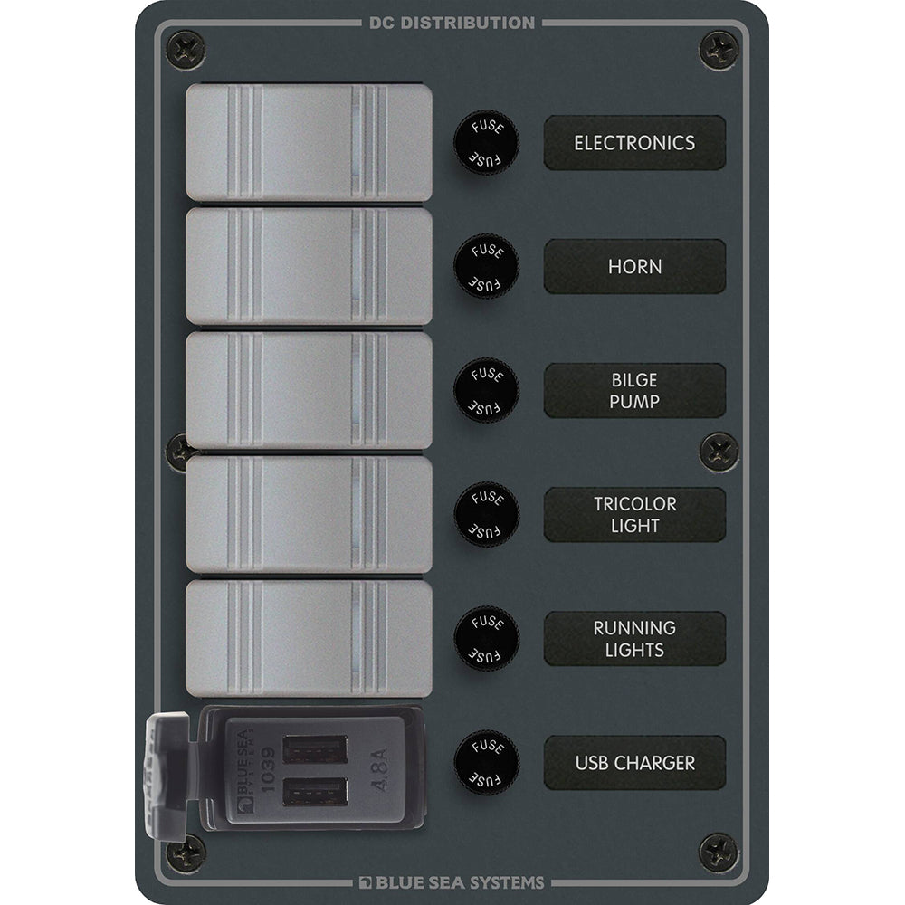 Blue Sea 8121 - Panel de interruptores Contura de 5 posiciones con dos cargadores USB - 12/24 V CC - Negro [8121]