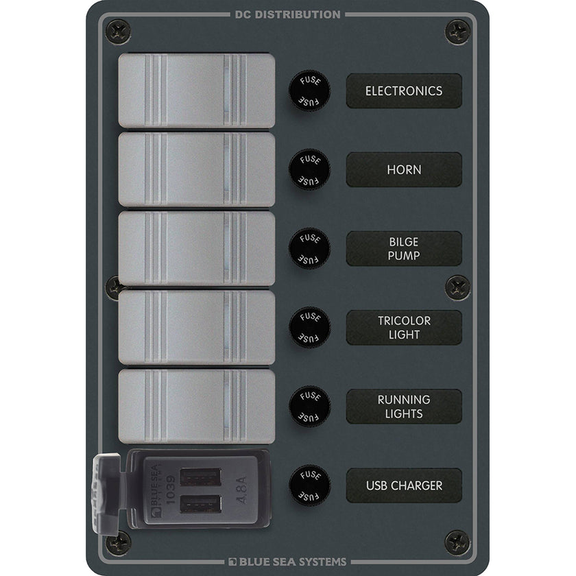 Blue Sea 8121 - Panel de interruptores Contura de 5 posiciones con dos cargadores USB - 12/24 V CC - Negro [8121]