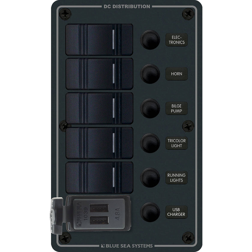 Blue Sea 8521 - Panel de interruptores Contura de 5 posiciones con dos cargadores USB - 12/24 V CC - Negro [8521]